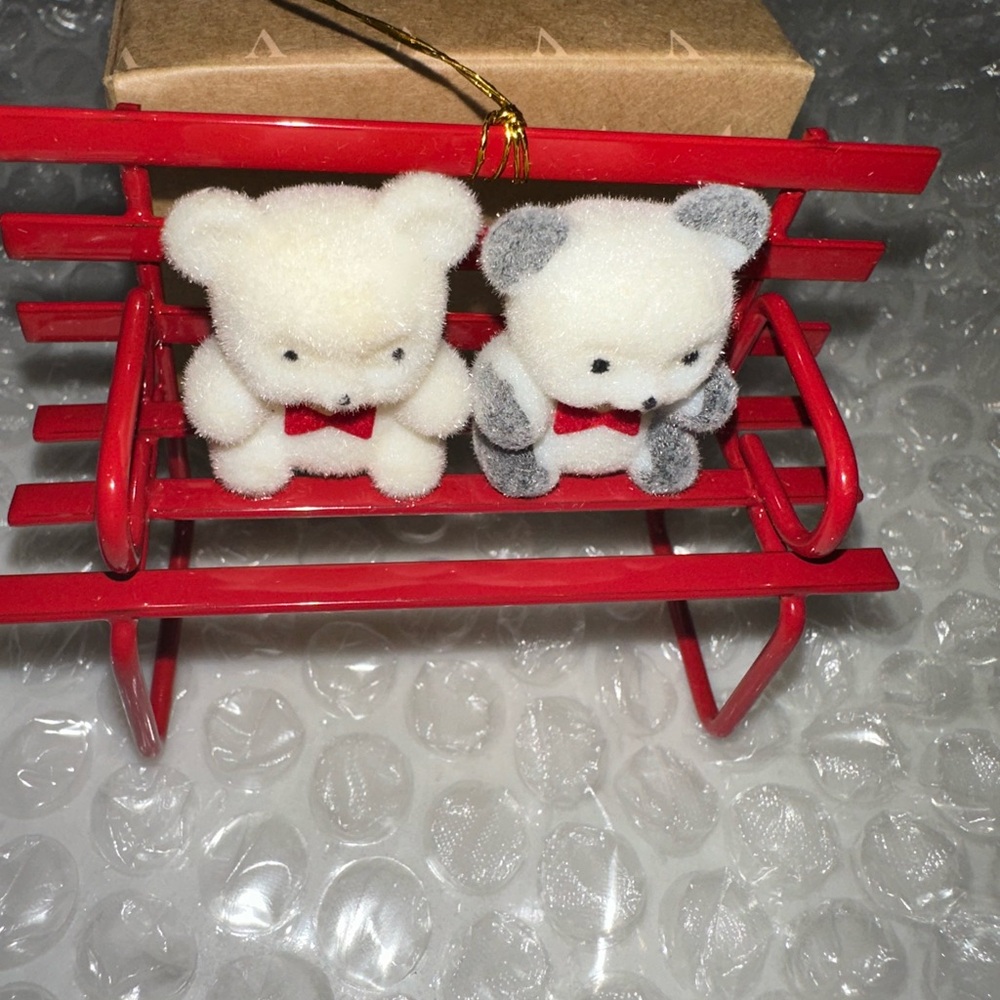 Avon Teddy Bear Collection Ornaments on bench with Red Bows - Picture 12 of 16